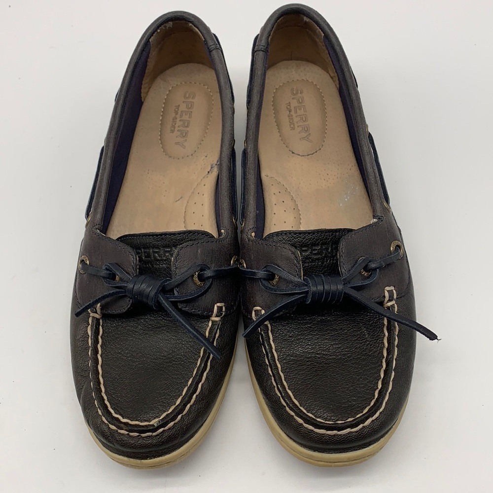 Sperry Dark Navy Leather Moccasin Loafers with Bow Accent